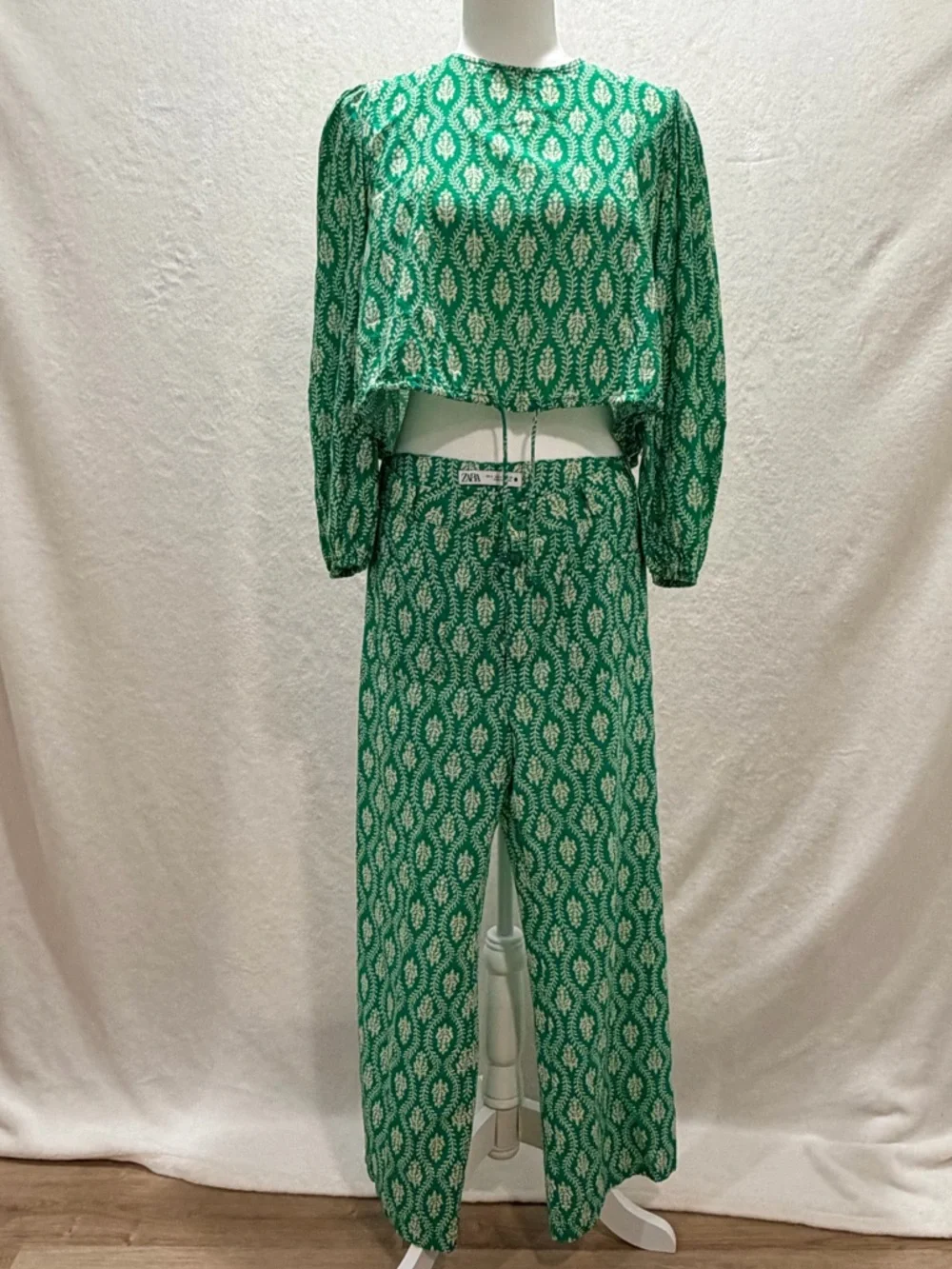 Zara matching set green print crop blouse wide leg pants S resort chic - Picture 5 of 11